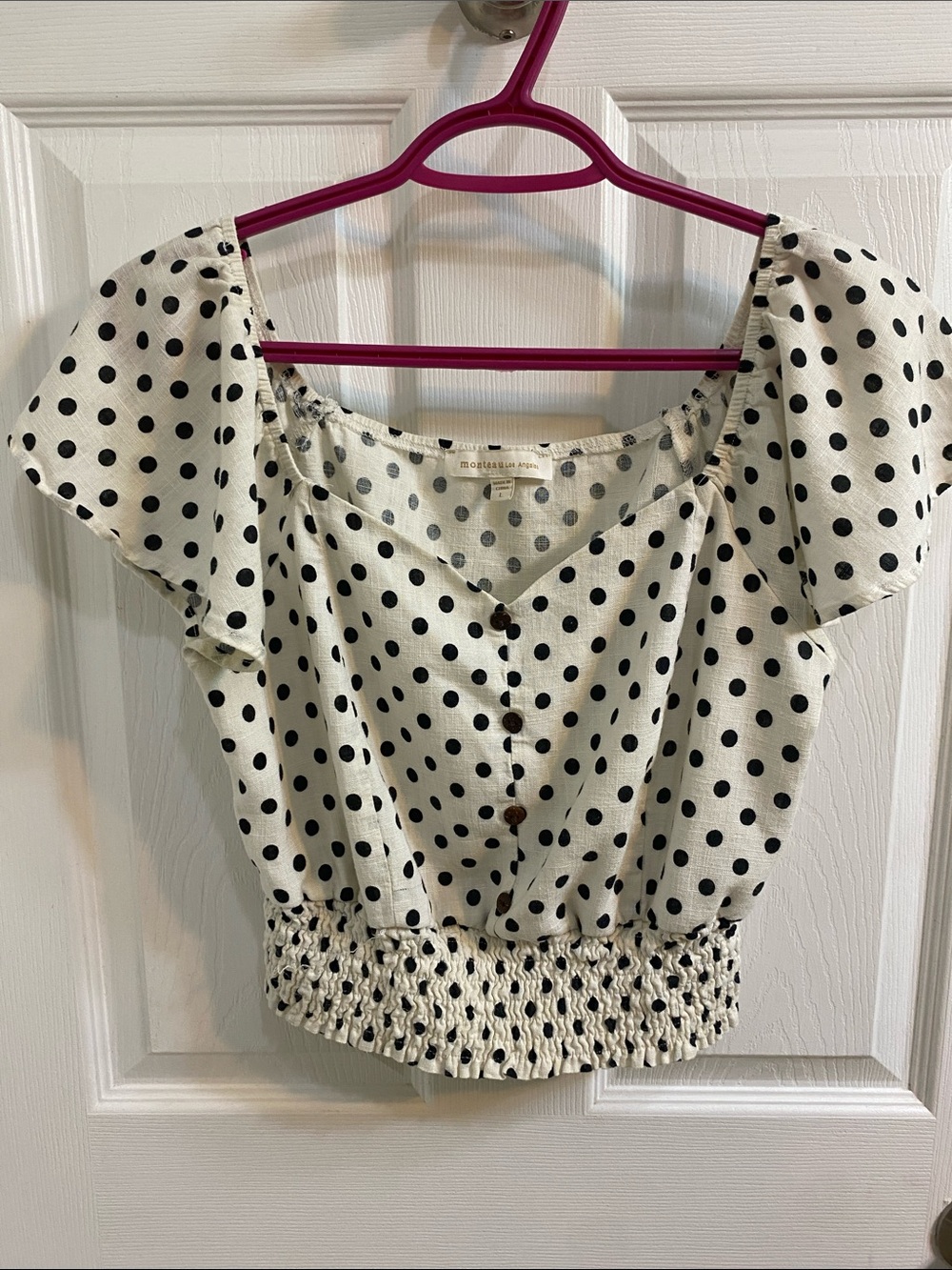 Monteau Linen Blend Cropped Polka Dot Smocked Waist Blouse Top Women’s Large